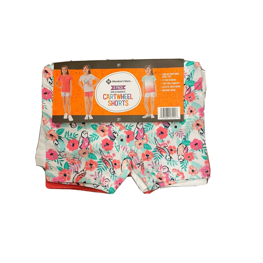 Member's Mark 3 Pack Cartwheel‎ Shorts Floral, White, Pink 3T